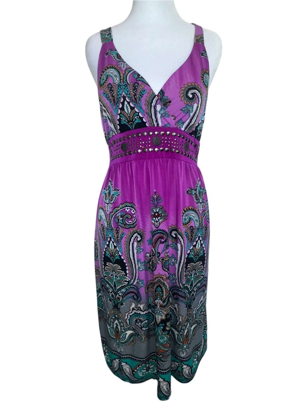 Magic Purple Paisley-Print V-Neck Midi Dress with Button Waistband